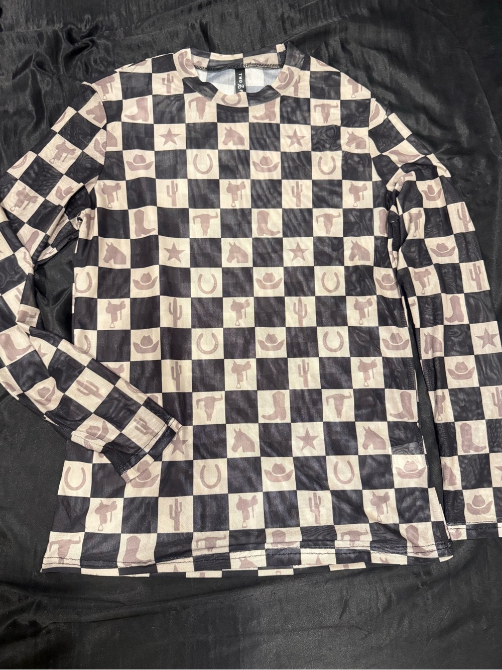 Western Checkerboard Mesh Long Sleeve Top - Black & Cream